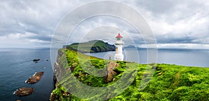 Panoramic view of old lighthouse on the Mykines island