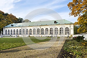 Panoramic view of old orangery in Lazienki park, Warsaw, Poland