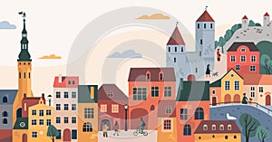 Panoramic view of old part of Tallinn. Flyer or poster welcome to Estonia. Medieval European city photo