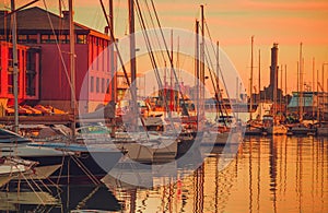 Panoramic view of old port of Genoa at sunset, Liguria, Italy