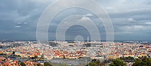 Panoramic view of the old Prague and television tower,Czech Republic. The historic center of Prague and cloudy sky. Prague panora