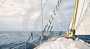 Panoramic view of an old schooner sailing the ocean