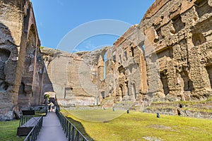 Panoramic view on old swimming pool in the scenic ruins of ancient Roman Baths of Caracalla ( Thermae Antoninianae