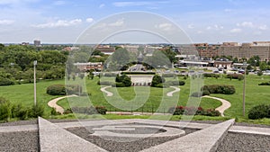 Looking down the steps and across the lawn towards Old Town Alexandria, Virginia as seen from the George Washington Masonic Temple