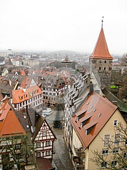 Panoramic view of the old town of Nuremberg in wintertime