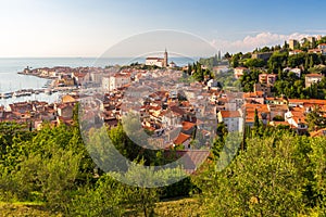 Panoramic view of old town Piran, Slovenia, Europe. Summer vacations tourism concept background.