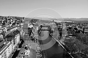 Panoramic view of the old town of ZÃ¼rich-City with the Limmat-River, the railway station at the Platzspitz-Park from Mariott
