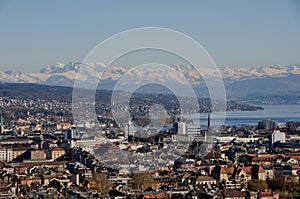 Panoramic view of the old town of ZÃ¼rich-City from Switzerlands second highest skyscraper