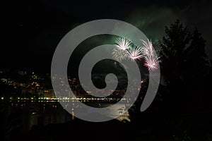 Panoramic view of omegna during a fireworks display