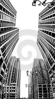 Panoramic view of ongoing construction of high-rise apartment complex in black white colorspace