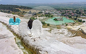 Panoramic view of artificial lake and town Pamukkale, Turkey.