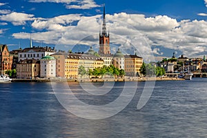 Panoramic view onto Stockholm old town Gamla Stan and Riddarholmen church in Sweden