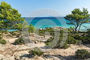 Panoramic view of Orange Beach Kavourotripes at Sithonia peninsula, Chalkidiki, Greece