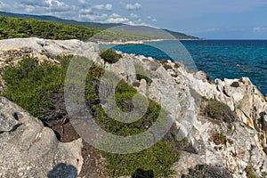 Panoramic view of Orange Beach Kavourotripes at Sithonia peninsula, Chalkidiki, Greece