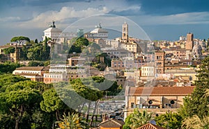 Panoramic view from the Orange Garden Giardino degli Aranci on the aventine hill in Rome, Italy.