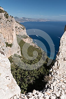 Panoramic view of the Orosei gulf seen from the trail leading to the bay Cala Mariolu Sardinia, Italy