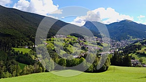 Panoramic view Ortisei St Ulrich, Dolomites Alps mountains, Italy