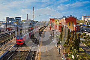 Panoramic view of the Oryol Railway Station with a regional train