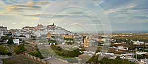 Panoramic View of Ostuni white town skyline and Madonna della Grata church Brindisi Apulia southern Italy Europe