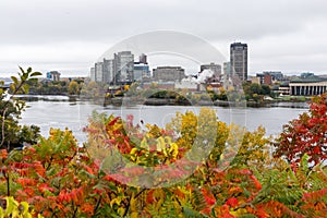 Panoramic view of Ottawa River and Gatineau city of Quebec in Canada from Major\'s Hill Park in autumn