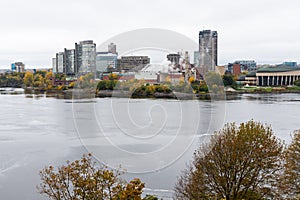 Panoramic view of Ottawa River and Gatineau city of Quebec in Canada from Major\'s Hill Park in autumn