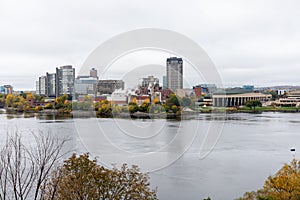 Panoramic view of Ottawa River and Gatineau city of Quebec in Canada from Major\'s Hill Park in autumn