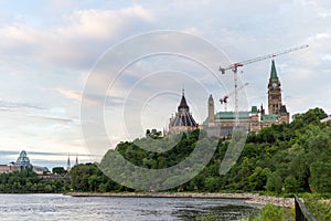 Panoramic view of Ottawa River, Parliament Hill and Alexandra Bridge in Ottawa, Canada