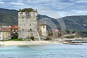 Panoramic view of Ouranopoli and Medieval tower, Athos, Chalkidiki, Greece