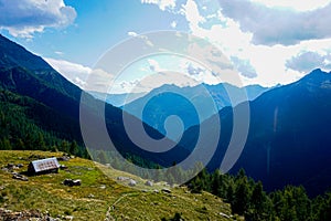 Panoramic view over an alp into the Val Lavizzara near Fusio