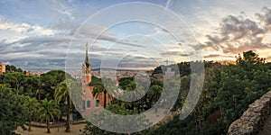 Panoramic view over Barcelona during sunset, view from Park Guell