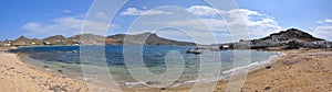 Panoramic view over beach and bay on greek island Mykonos