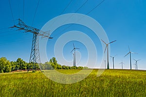 Panoramic view over beautiful farm landscape with meadow field with different flowers, wind turbines to produce green energy and