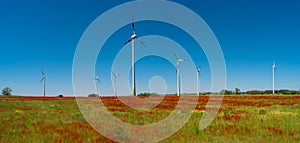 Panoramic view over beautiful farm landscape with meadow field with different flowers and wind turbines to produce green energy in