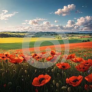 Panoramic view over beautiful green and yellow farm landscape and meadow field with red poppy flowers, Germany, sunny