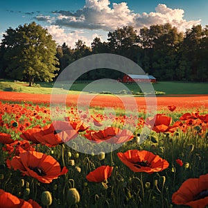 Panoramic view over beautiful green and yellow farm landscape and meadow field with red poppy flowers, Germany, sunny