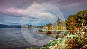 Panoramic view over beautiful sunset at Ensenada Zaratiegui Bay in Tierra del Fuego National Park, Beagle Channel, Patagonia,