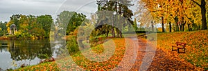 Panoramic view over city park Rotehorn and lake in Autumn golden colors at cloudy rainy day, Magdeburg, Germany