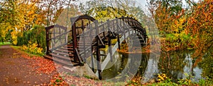 Panoramic view over city park Rotehorn, water stream and an arch wooden footbridge in Autumn golden colors at cloudy rainy day,