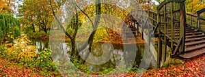 Panoramic view over city park Rotehorn, water stream and an arch wooden footbridge in Autumn golden colors at cloudy rainy day,