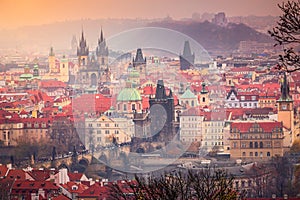 Panoramic view over the cityscape of Prague at dramatic dusk, Czech Republic