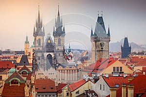 Panoramic view over the cityscape of Prague at dramatic sunset, Czech Republic