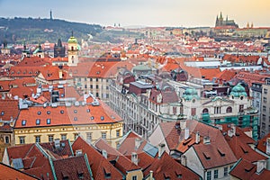 Panoramic view over the cityscape of Prague at dramatic sunset, Czech Republic