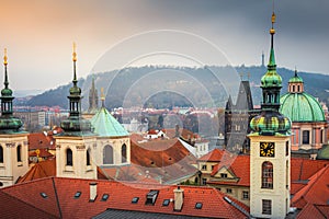 Panoramic view over the cityscape of Prague at dramatic sunset, Czech Republic