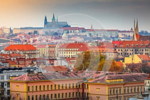 Panoramic view over the cityscape of Prague at dramatic sunset, Czech Republic