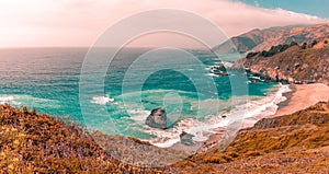 Panoramic view over the coast at Big Sur, California