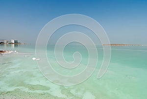 Panoramic view over the Dead sea in misty haze