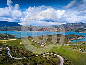 Panoramic view over Embalse de Zahara inland lake, Andalusia,