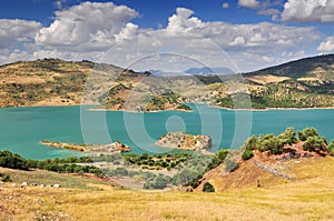 Panoramic view over Embalse de Zahara inland lake, Andalusia, Spain