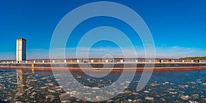 Panoramic view over a famous wonder water bridge and ship navigation canal near Magdeburg at early Spring, Magdeburg, Germany