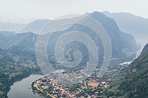 Panoramic view over Nam Ou river close to Nong Khiaw village, Laos